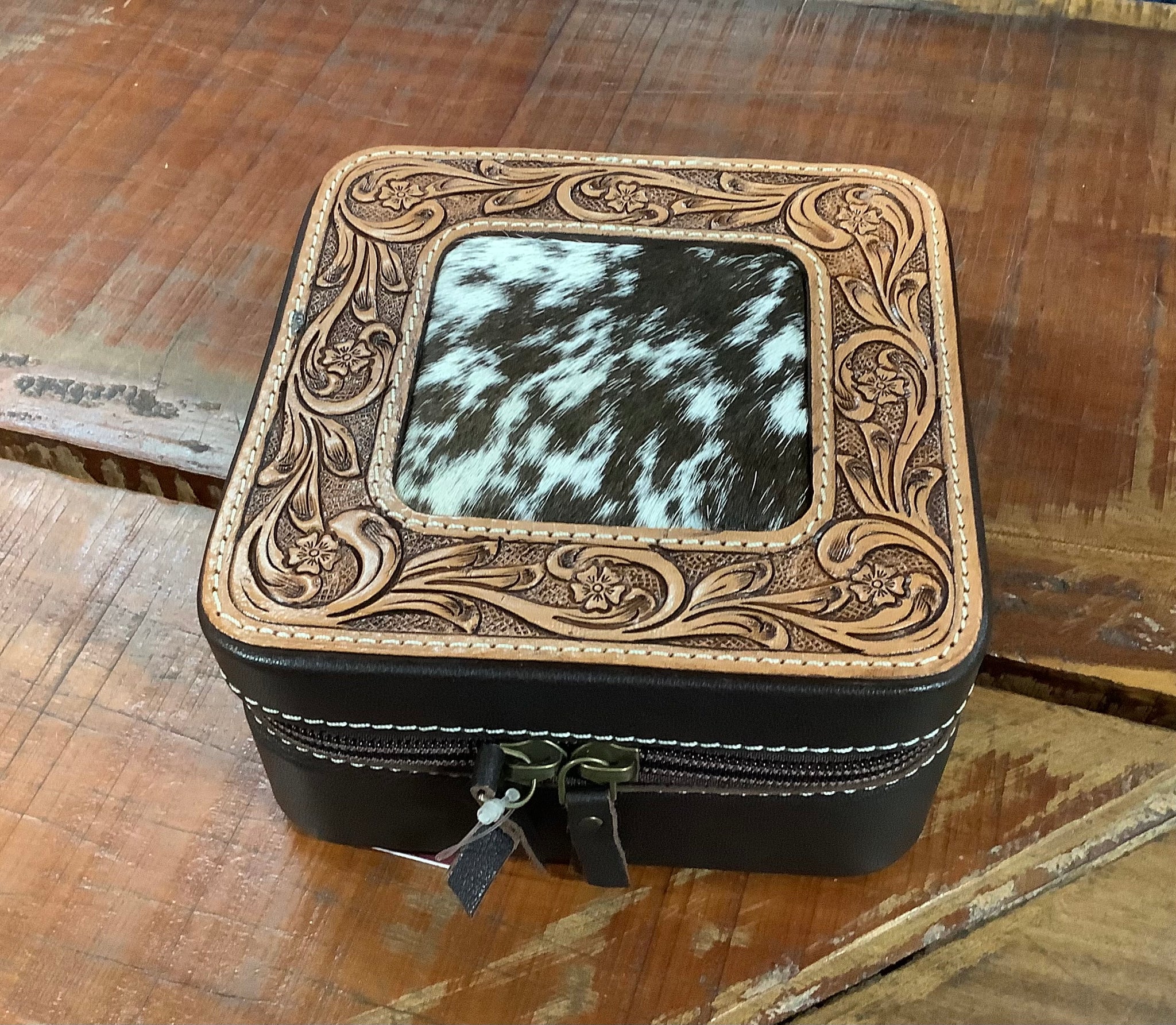 Tooled Leather and Cowhide Jewellery Box - Brown/White