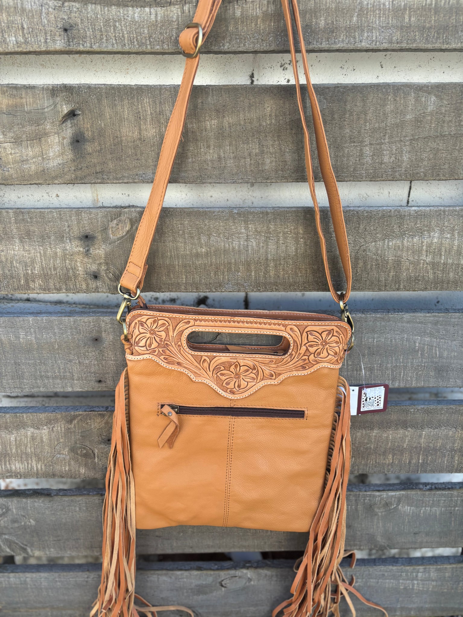 AB-04 The Design Edge Tooling Leather Sling with fringes Bag Cali FR Tan & White