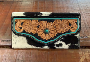 AW-30 The Design Edge Cowhide Tooling Leather Wallet with Turquoise Stonework Black/White